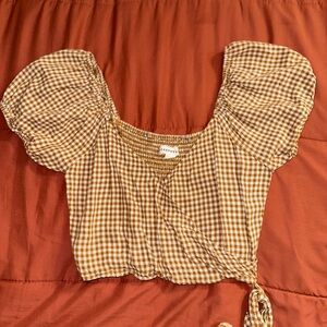 Gingham Puff Sleeve Wrap Top